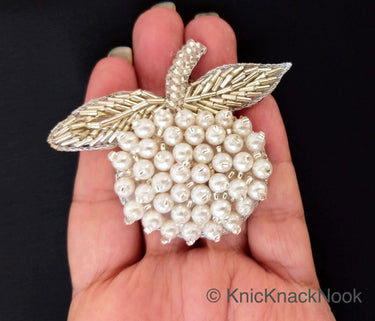 Hand Embroidered White Fruit Applique, White Pearl Beads Applique Orange Motif In Pearls, Kids Applique Patch